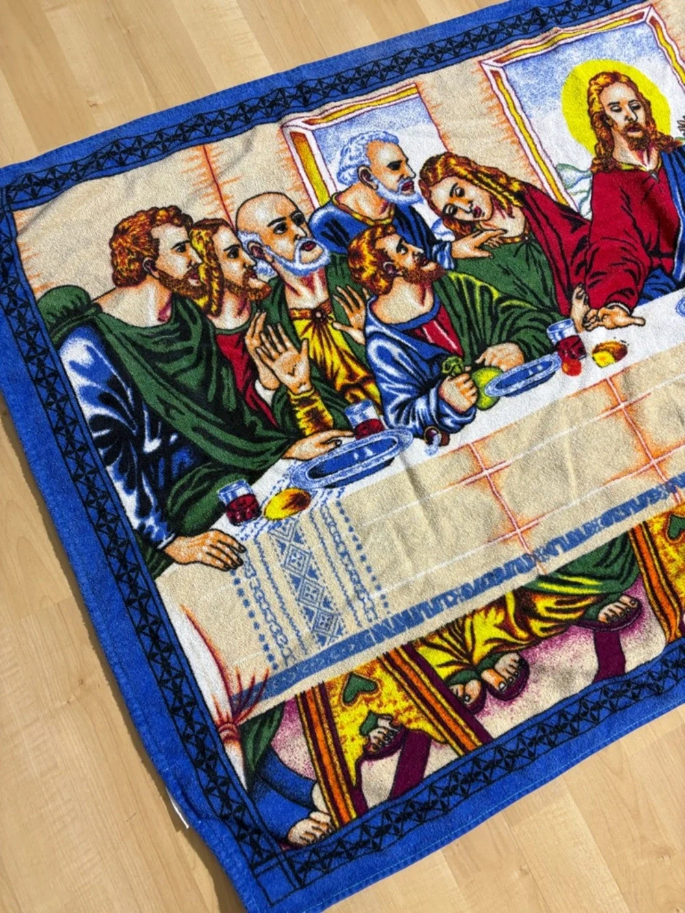 Religious Themed Blue and Multicolor Beach Towel